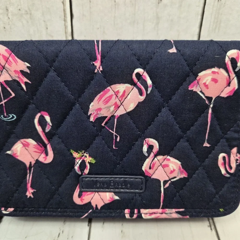 Vera Bradley Pink Flamingo Quilted Wallet Navy Blue RFID Multi Compartment GUC